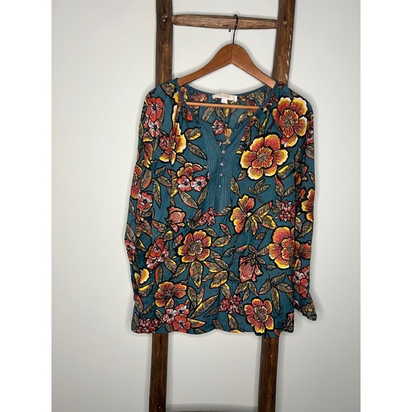LOFT Floral Print Blouse  Top Green Red Yellow XS - Picture 1 of 4